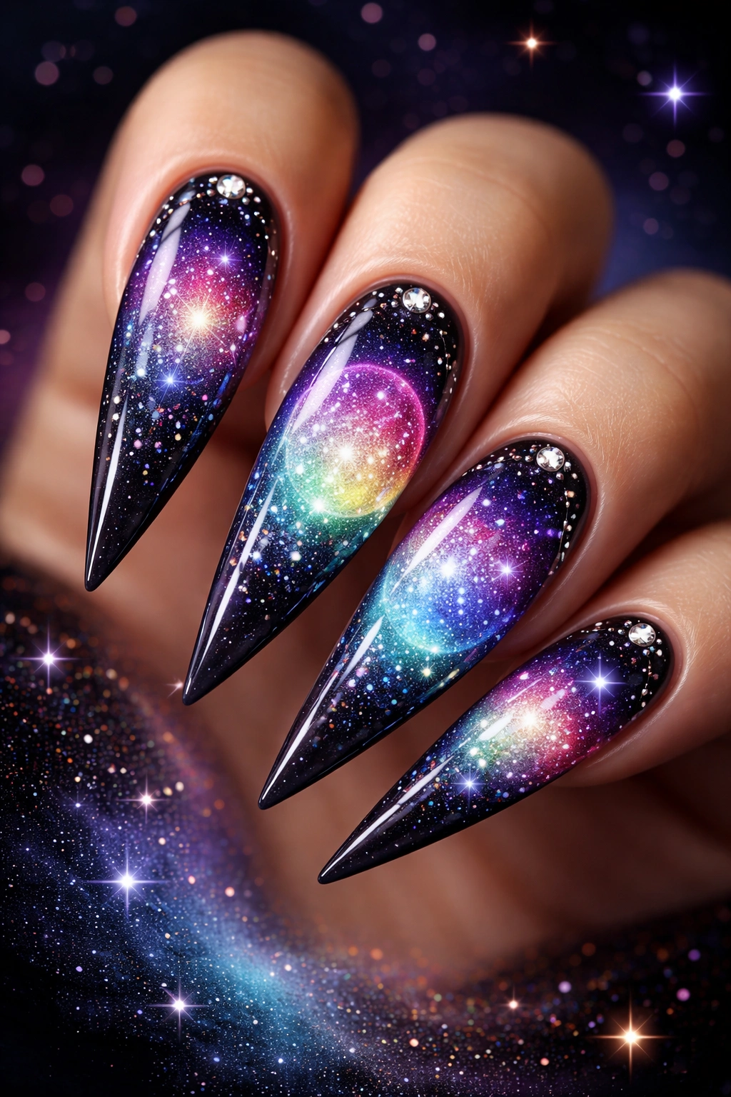 Stiletto nails with circular gradient crystal ball and starry backdrop.