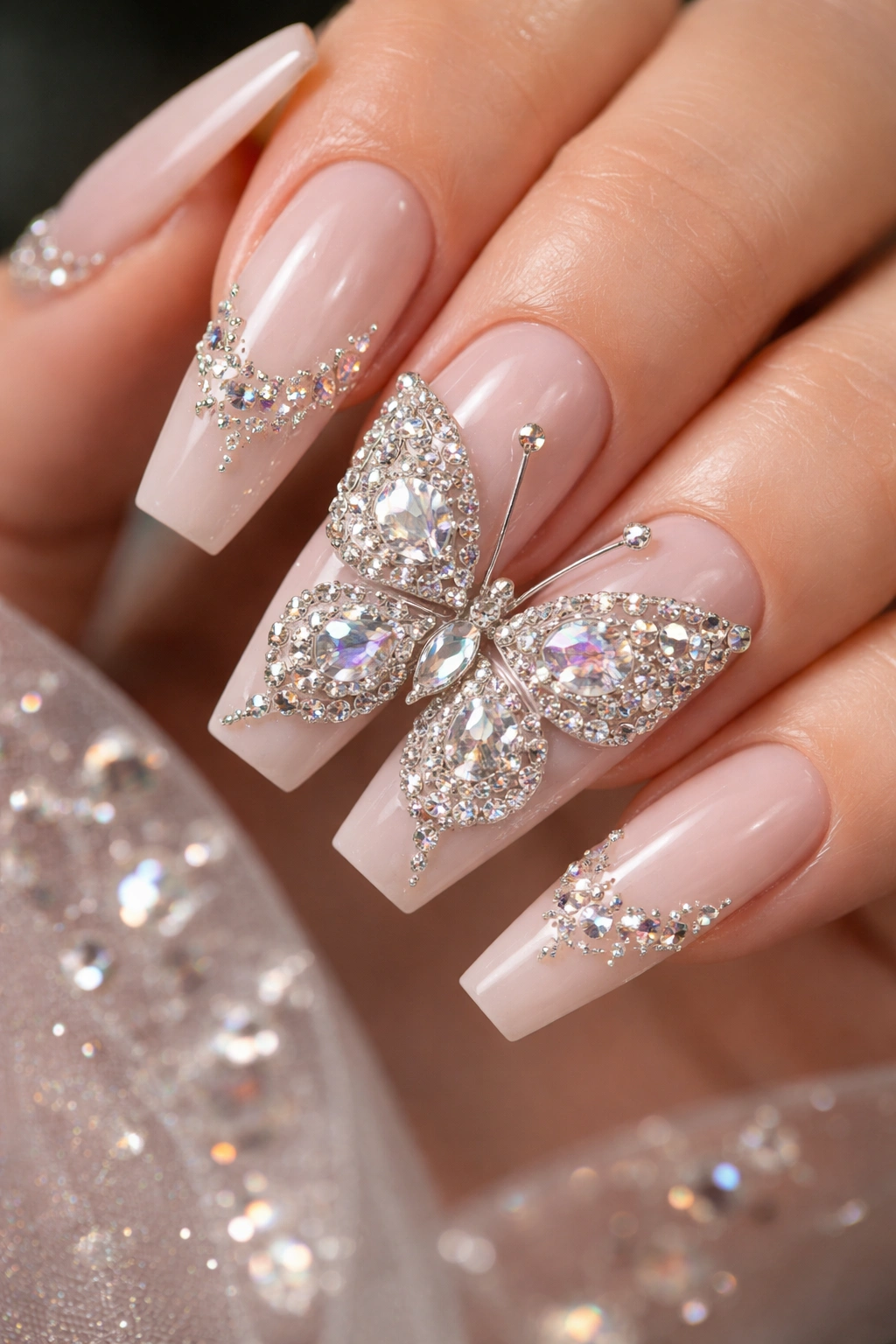 Close-up of coffin nails with a crystal-studded butterfly on the wings