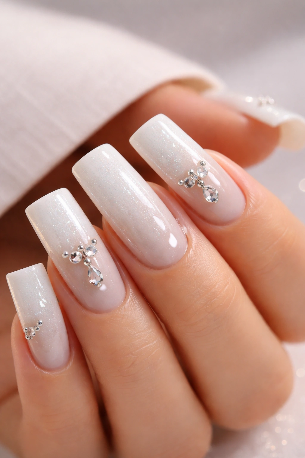 Close-up of Minimalist Sparkle White Duck Nails with crystal charms.