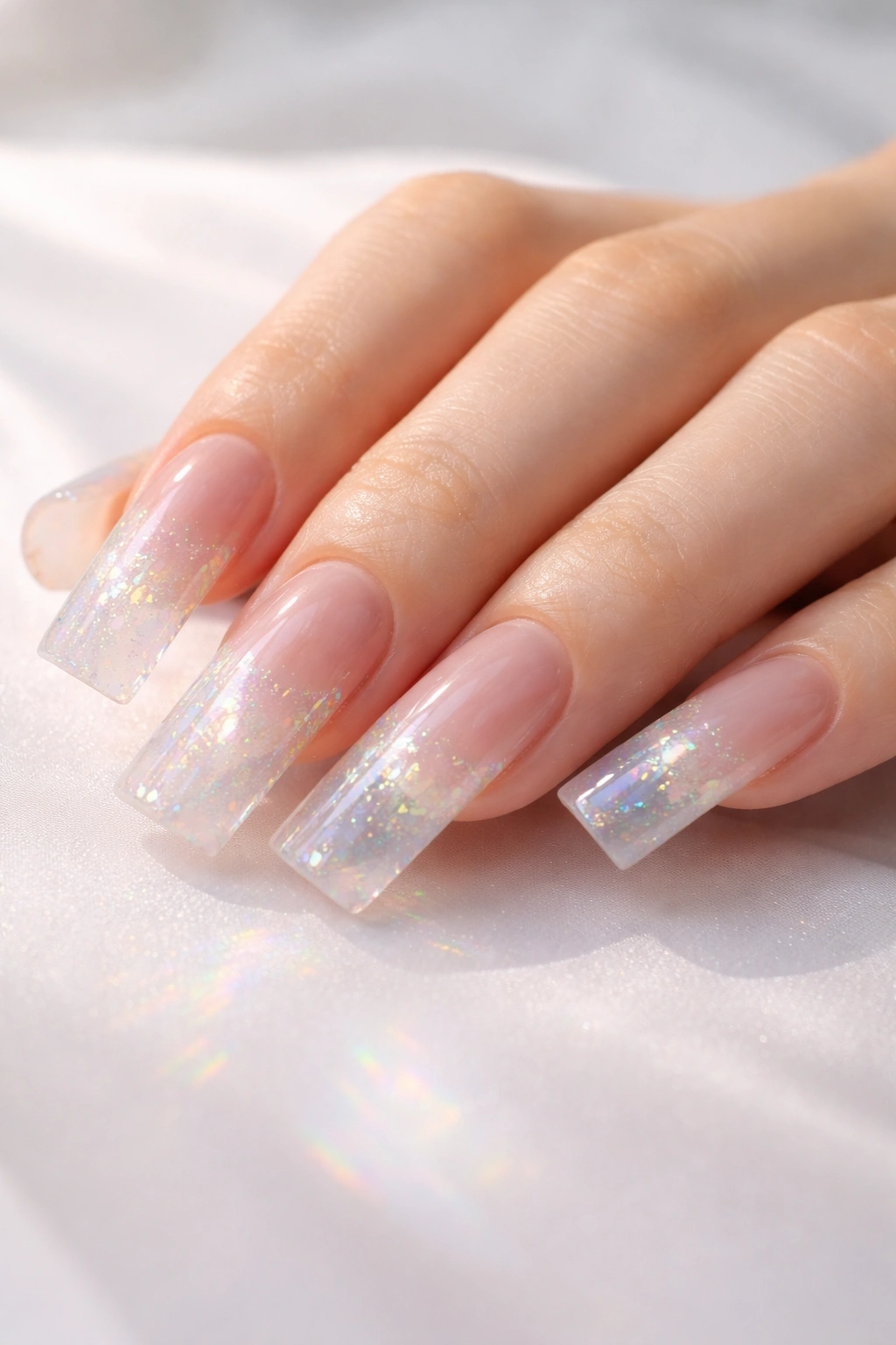 Close-up of clear duck nails with holographic shimmer on a white background