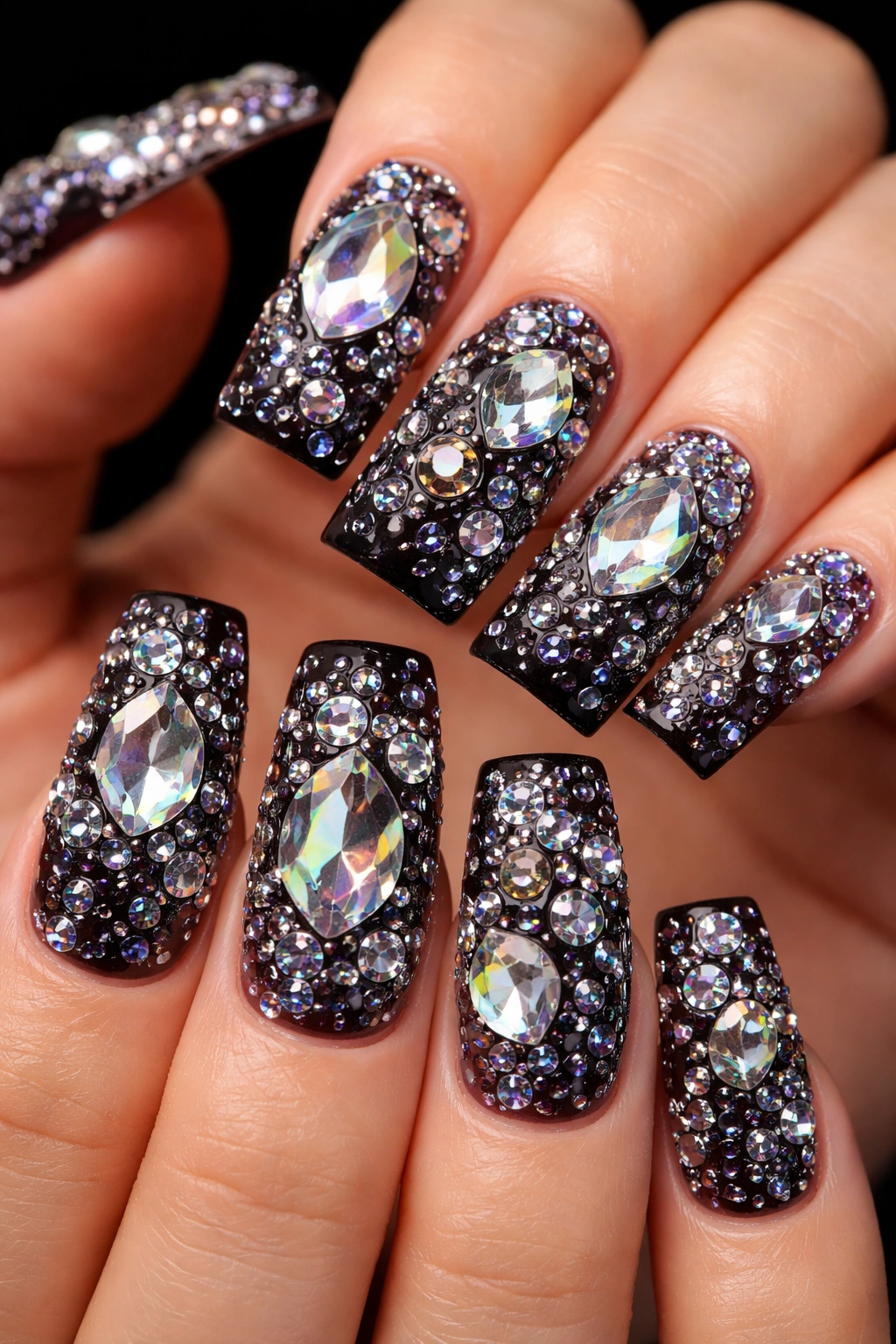 Nails on a dark base with scattered crystals and glitter pieces forming a confetti-like look.