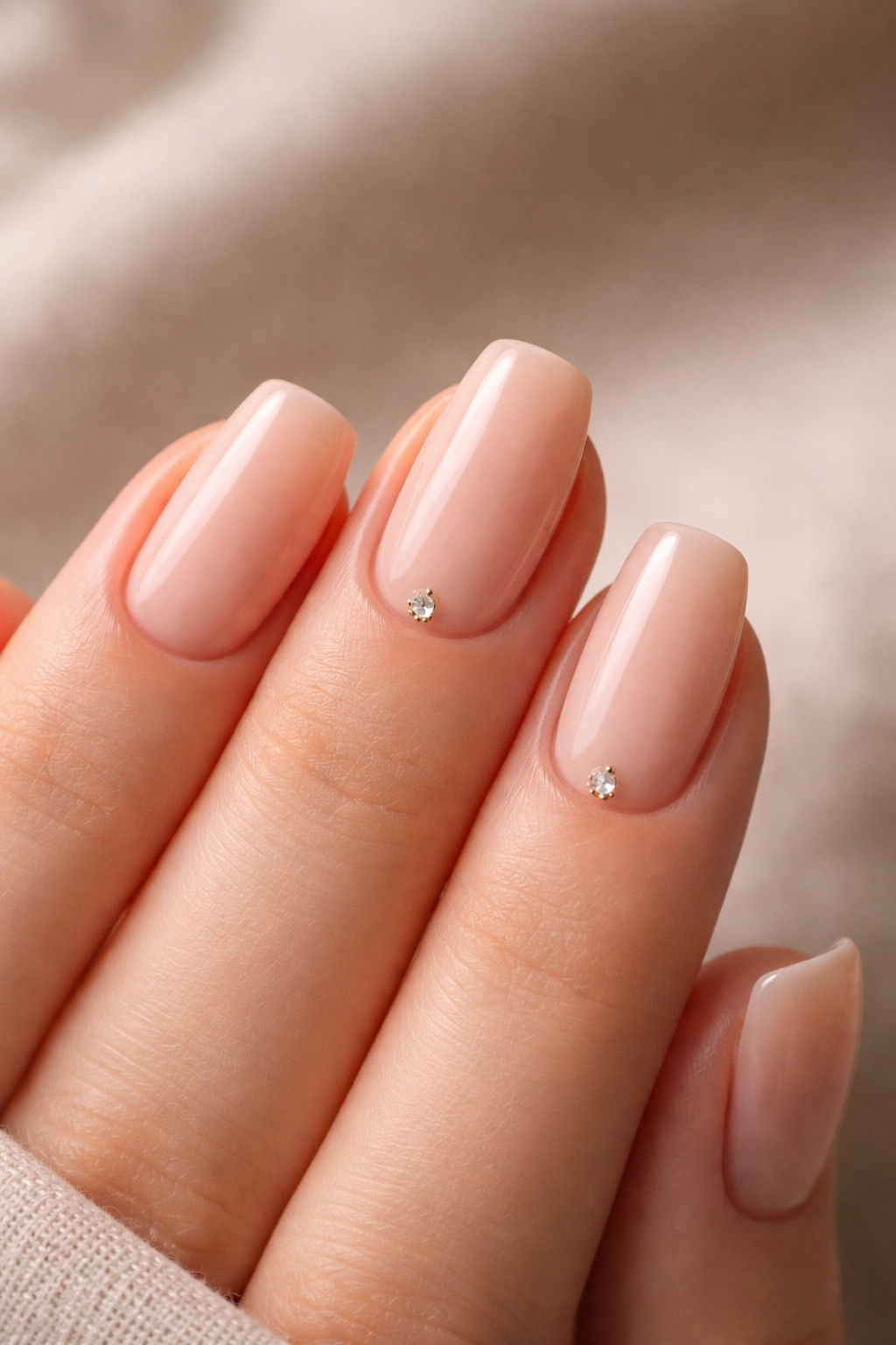 Short nude-base nails with tiny crystals near the cuticle on one or two nails