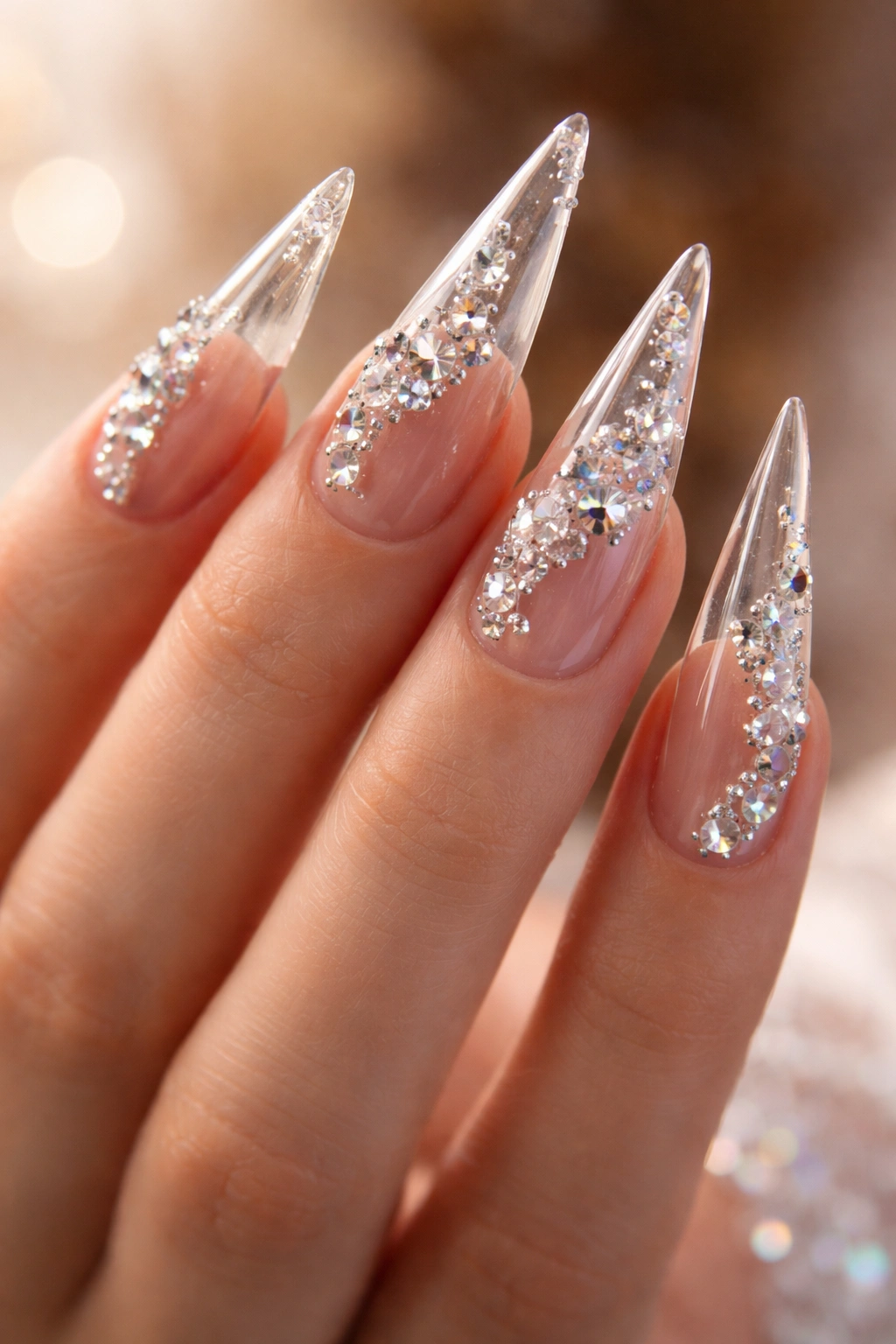 Clear stiletto nails with crystal embellishments reflecting light