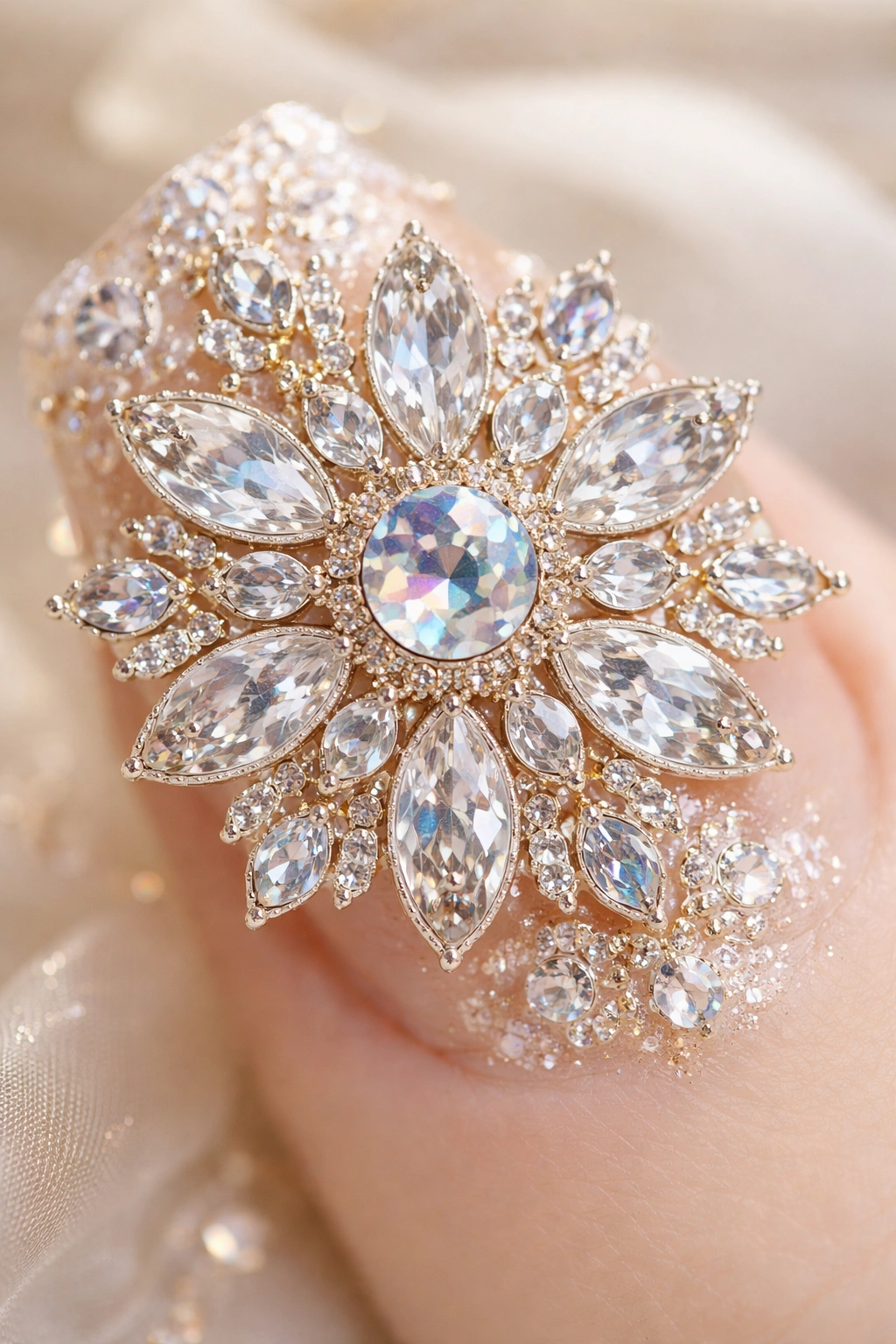 Duck nail with crystal flower design and central focal point