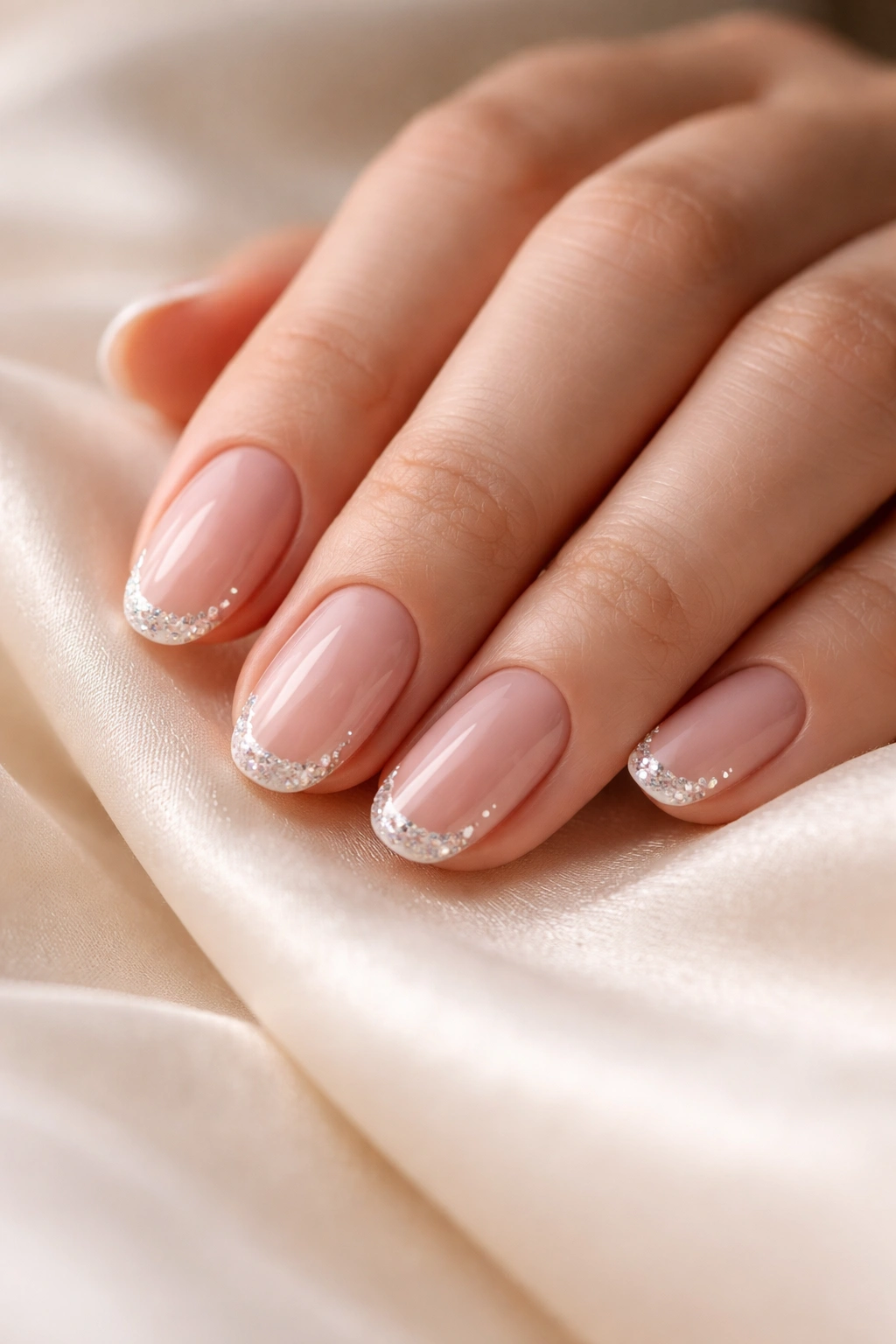 Close-up of short oval nails with a delicate crystal French along the edge