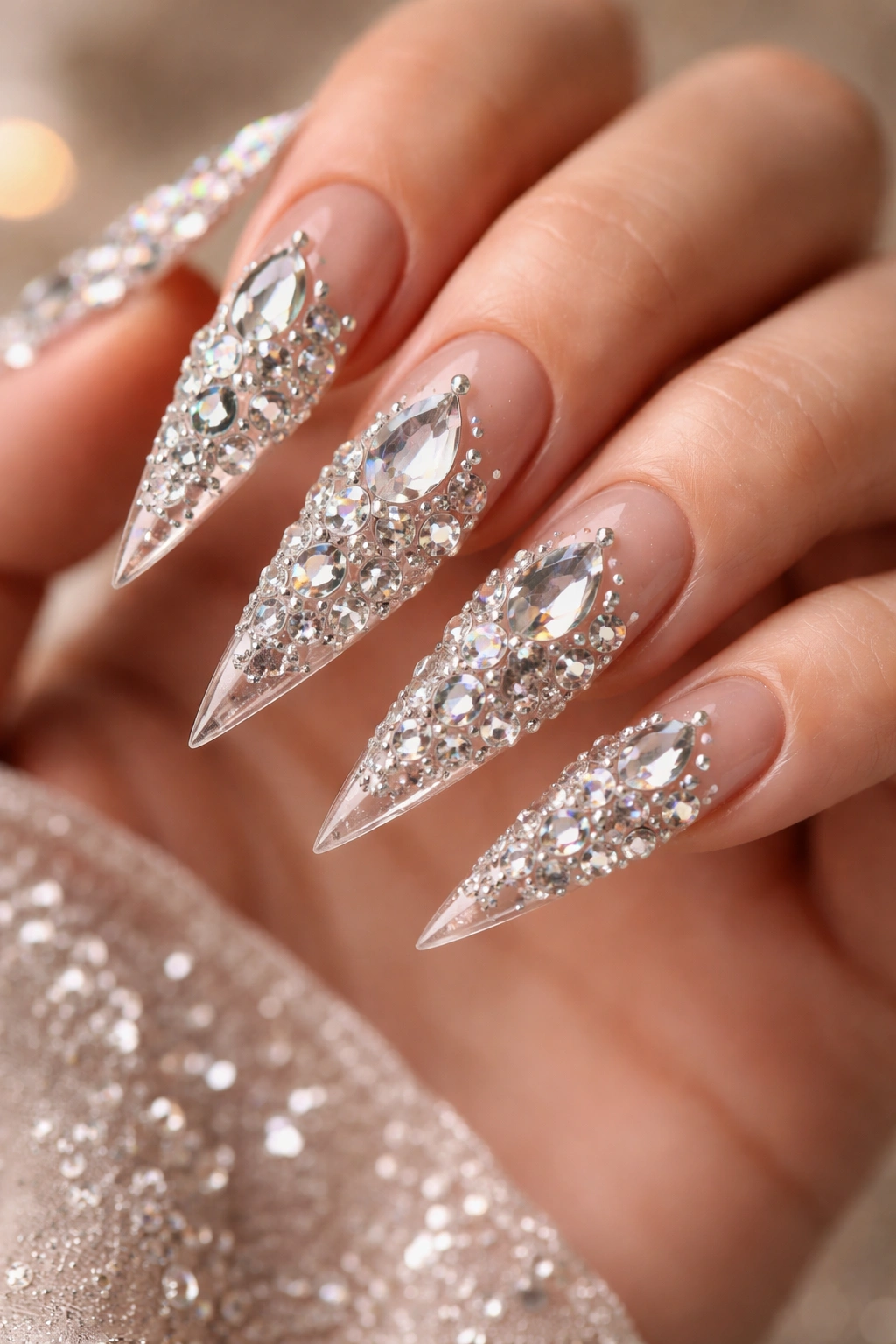 Close-up of crystal-embellished stiletto nails with cascading crystals on nude nails