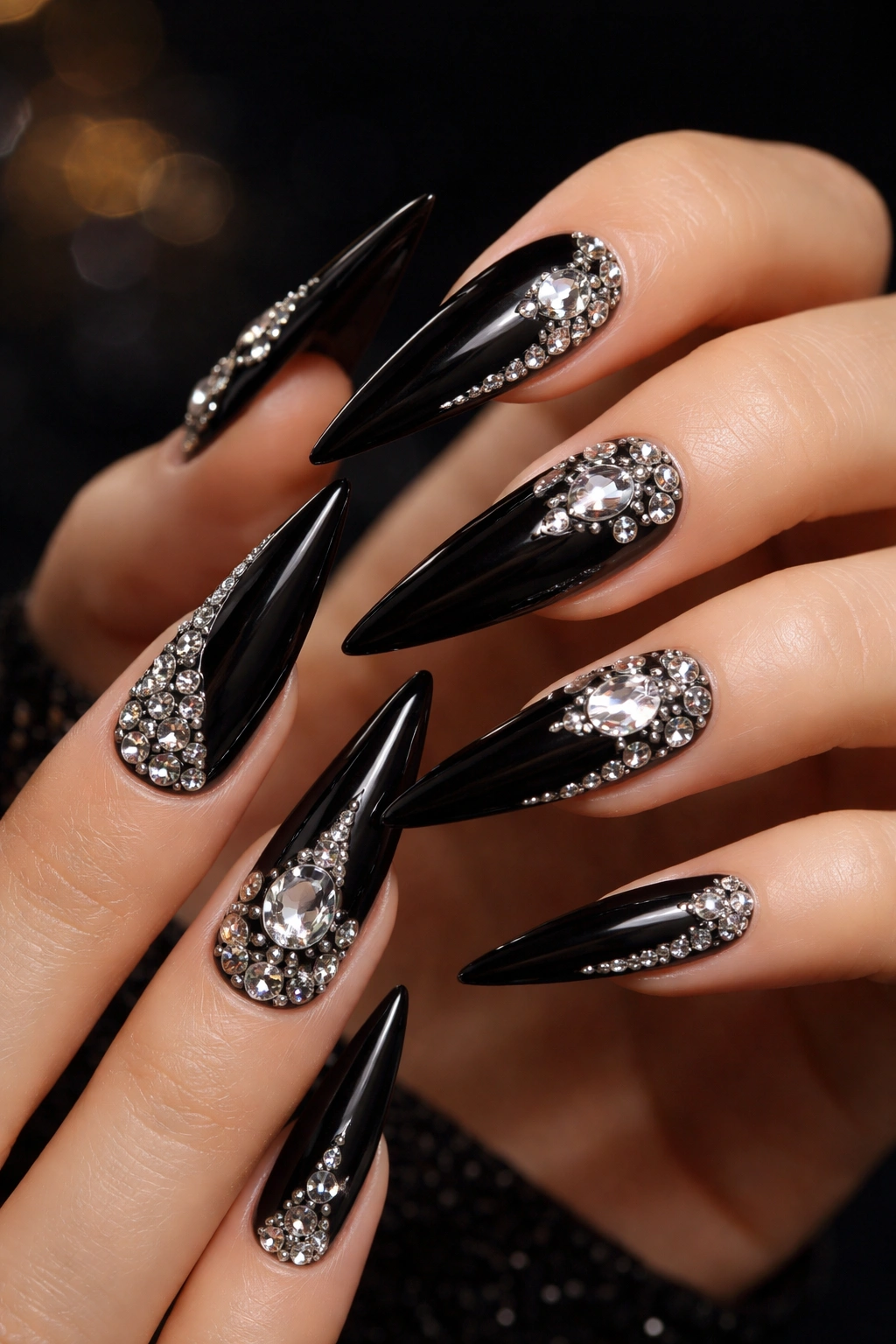 Black stiletto nails with crystals and diamonds for glam
