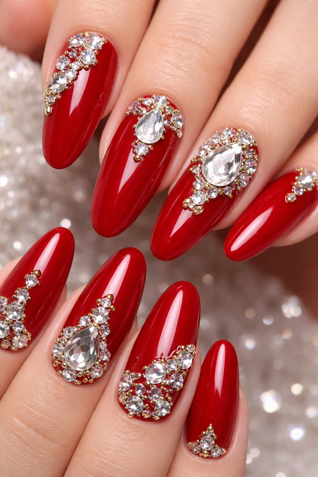 Long round nails with cherry red base and 3D crystal embellishments.