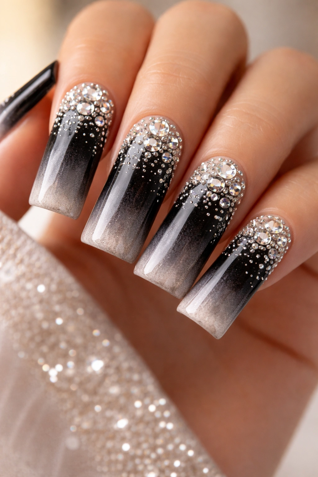 Nails with a crystal cascade from base to tip on a black gradient
