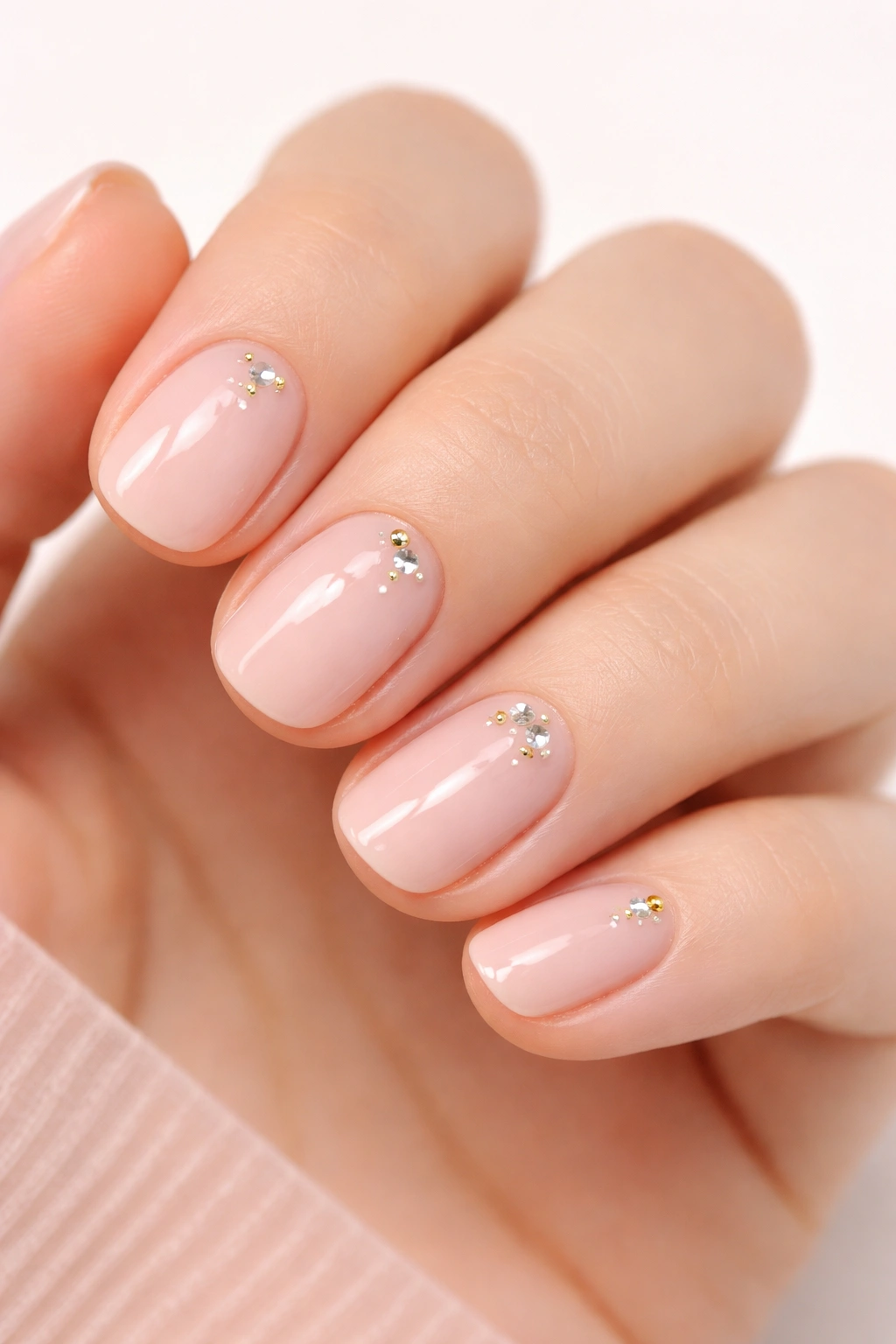 Short rounded nails with pale pink base and crystal and gold accents.