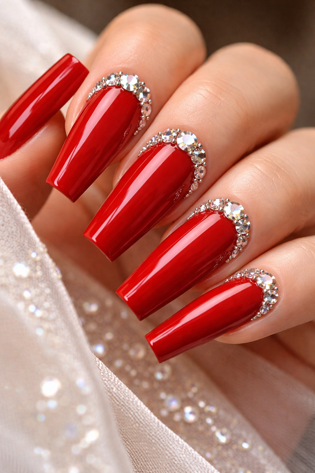 Red coffin nails with crystal embellishments along the cuticle.