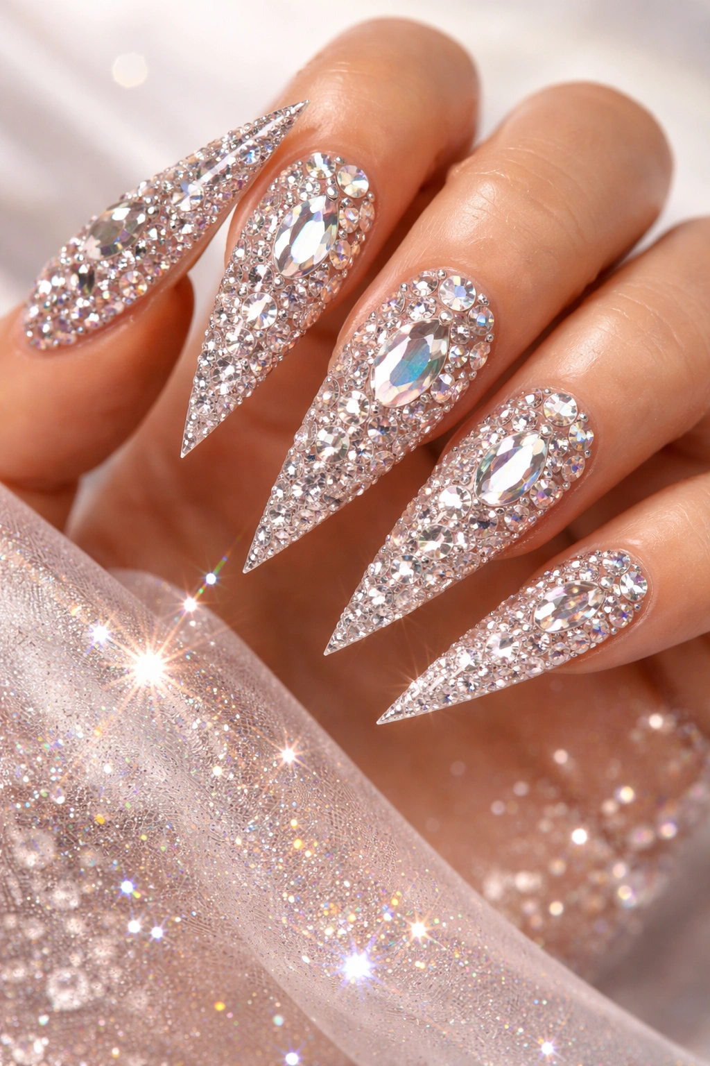 Close-up of crystal-encrusted stiletto nails sparkling under light