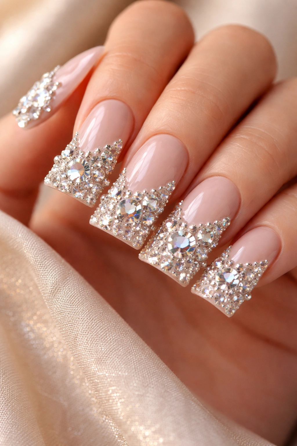 Close-up of nude duck nails with crystal clusters catching light