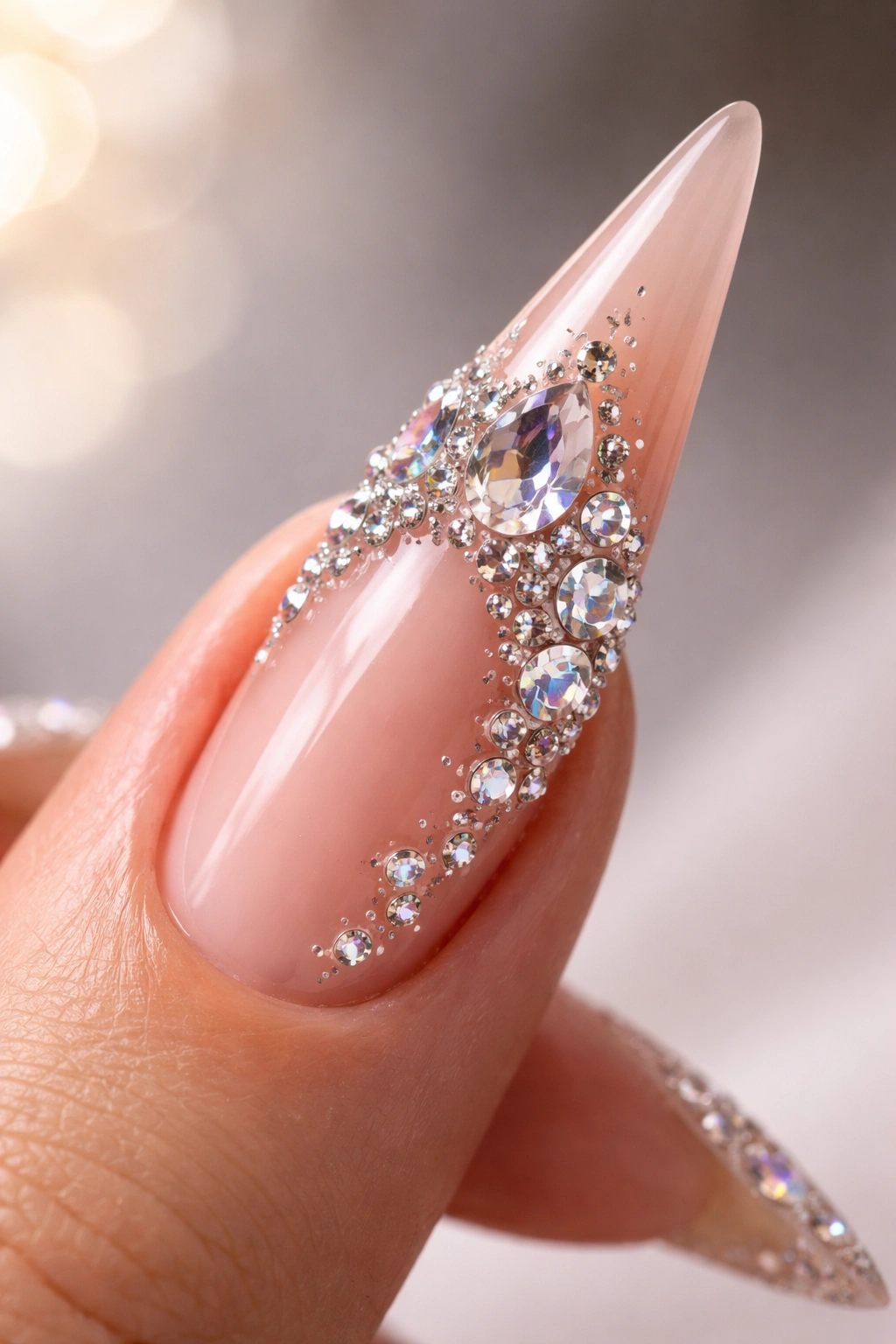 Nude stiletto nail with Swarovski crystals cluster near cuticle