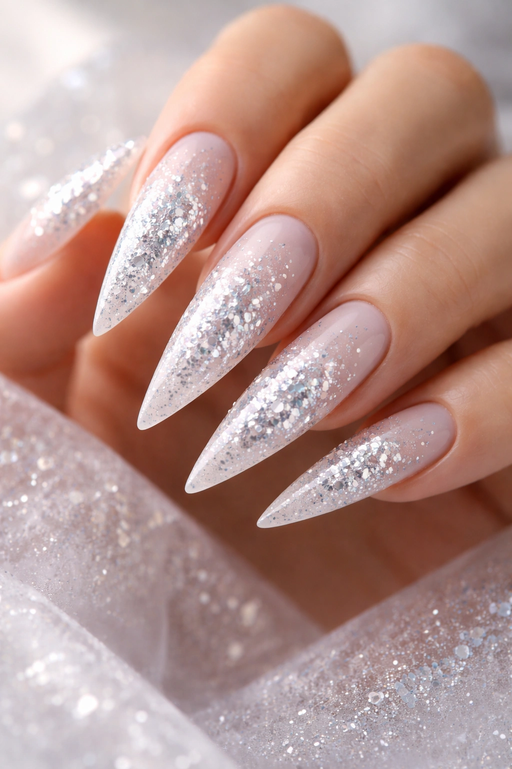 Close-up of Crystalline Glitter Stilettos on frosted base