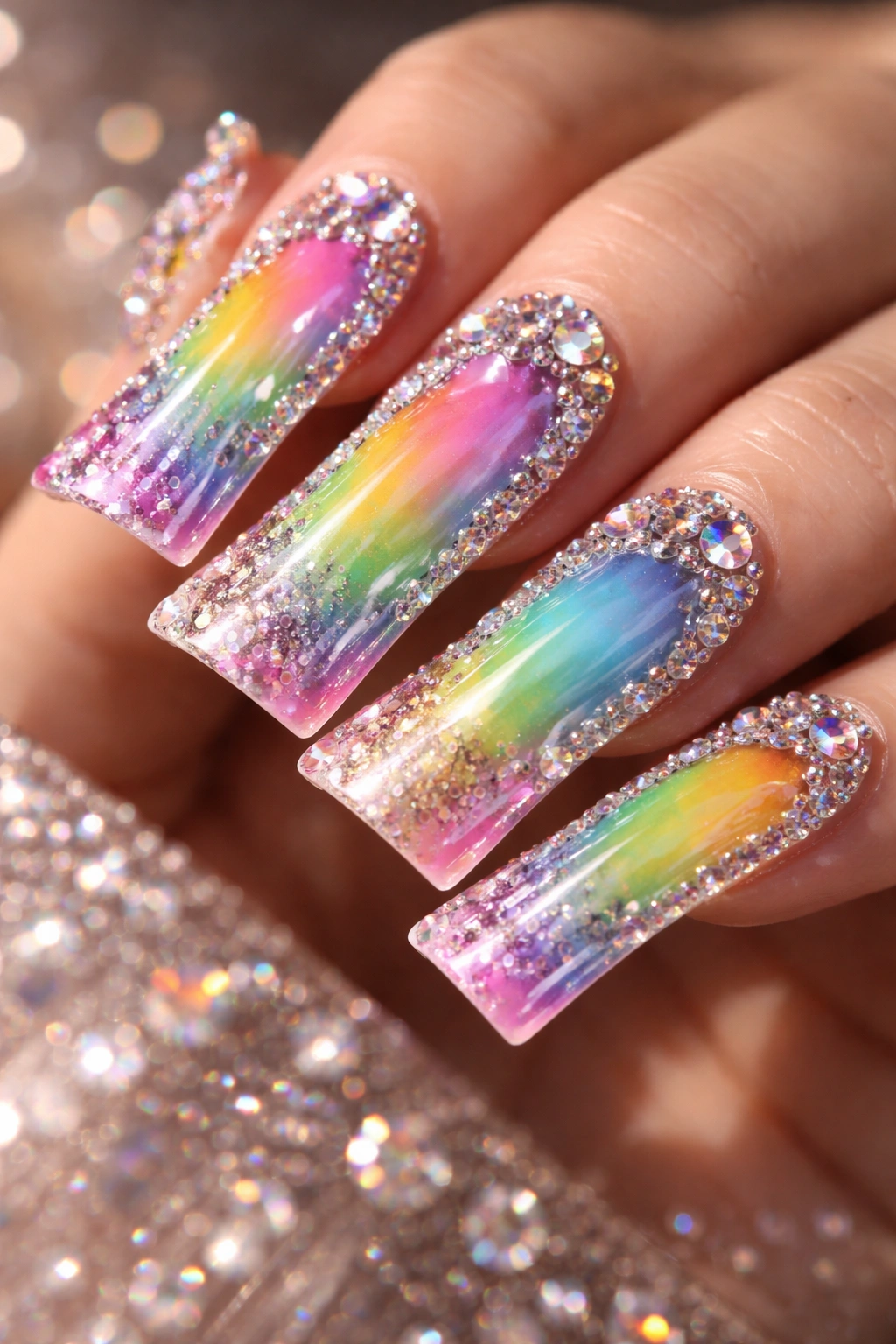 Duck nails with rainbow base and crystal embellishments along tips