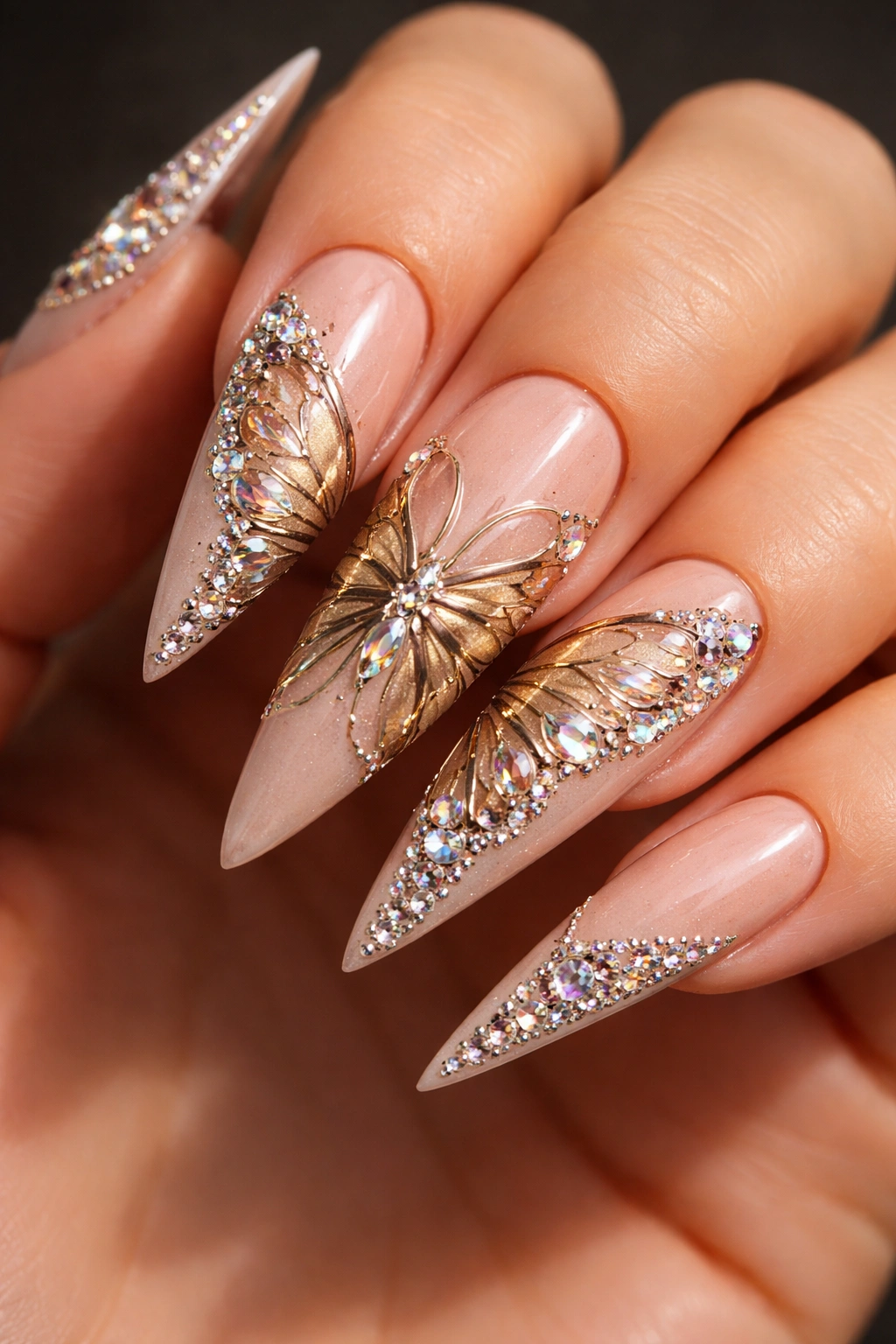 Close-up of crystallized butterfly nail art with rhinestones along wing edges