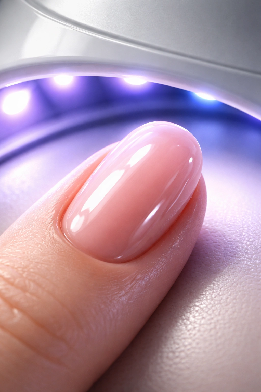 Close-up of a gel nail under a curing lamp glow, illustrating curing process
