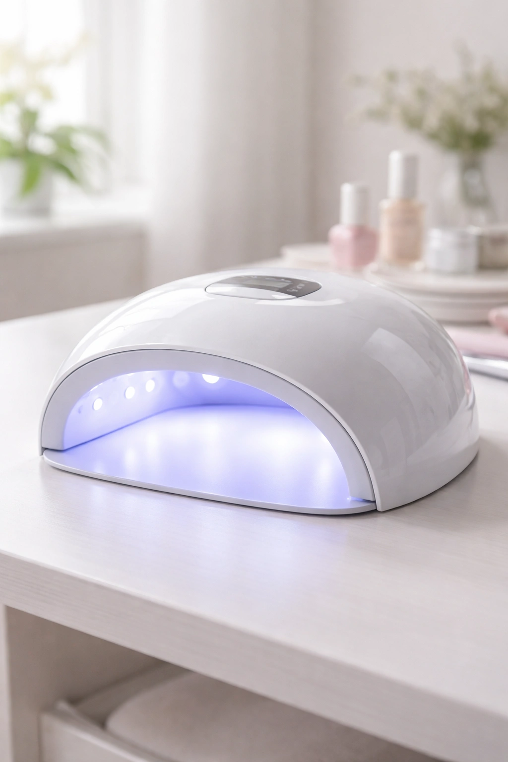 Close-up of a sleek curing lamp on a clean manicure station without hands