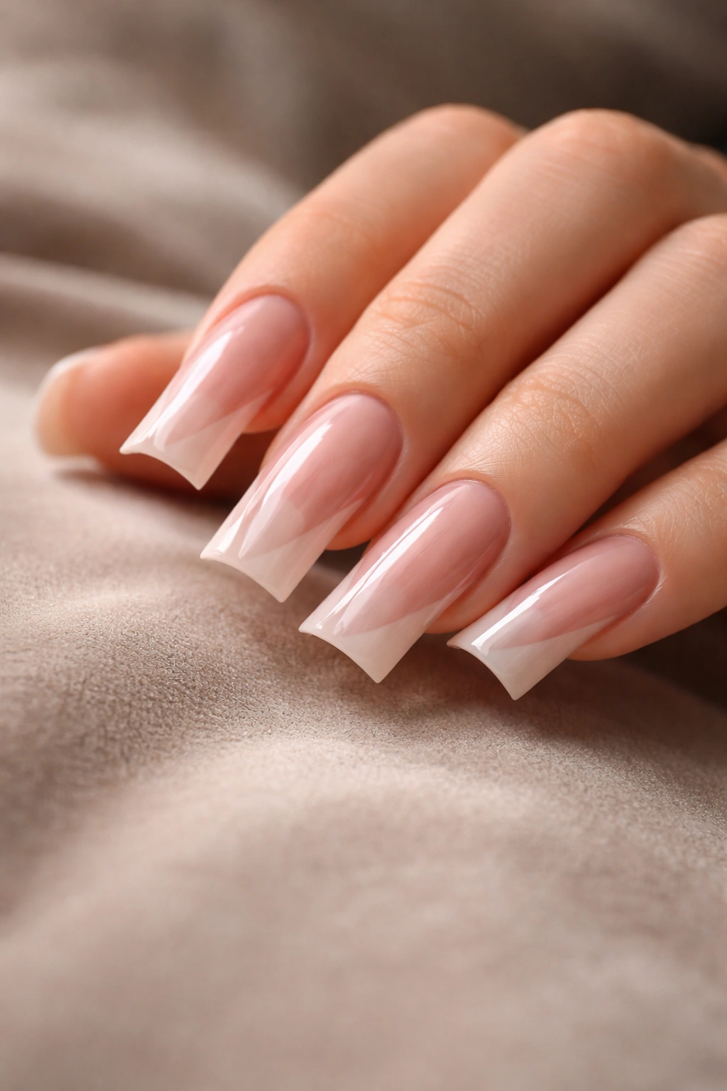 Close-up of a hand showcasing curved duck nails with a glossy finish on a neutral background