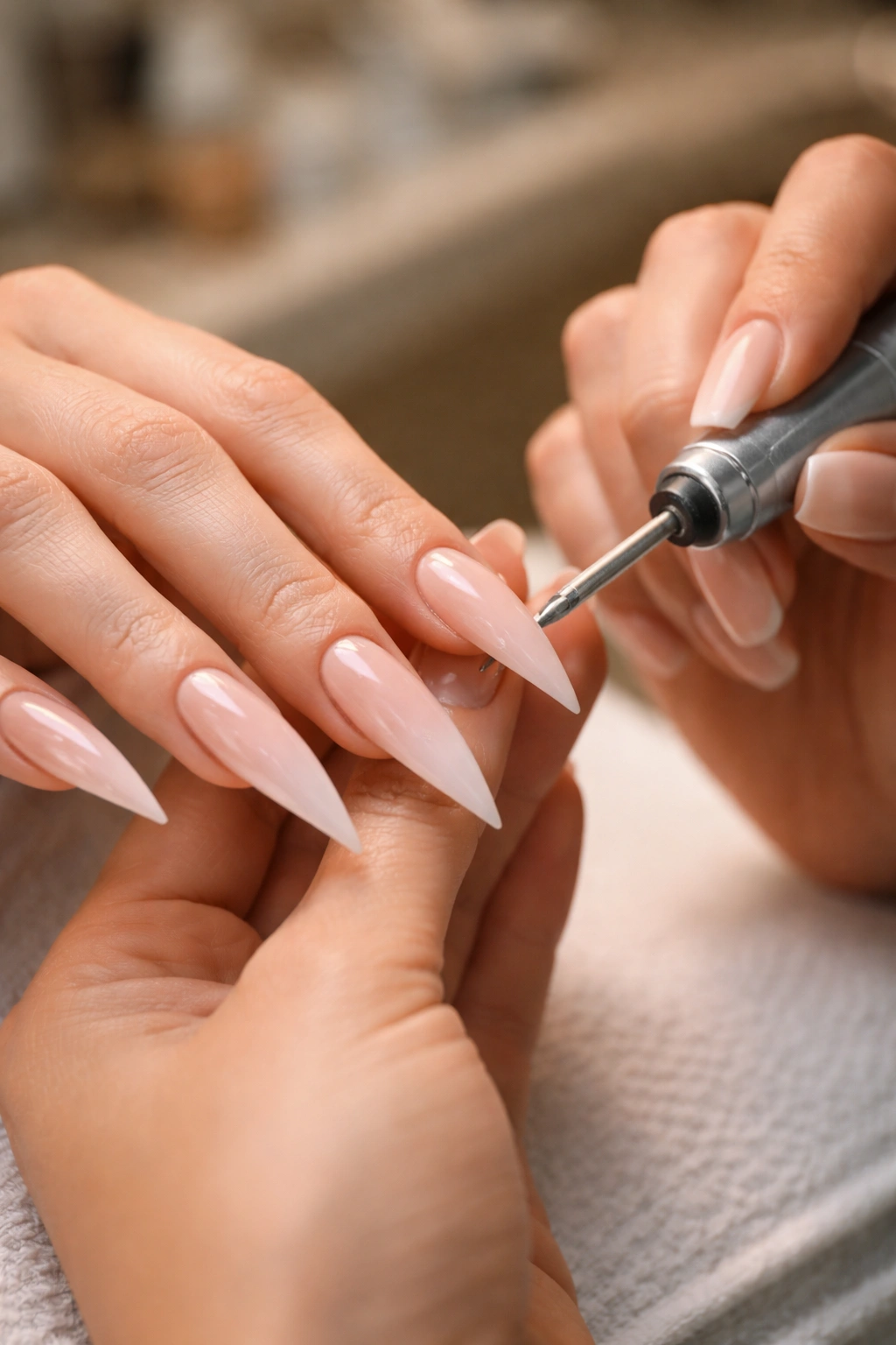 Hands with curved stiletto nails during a manicure