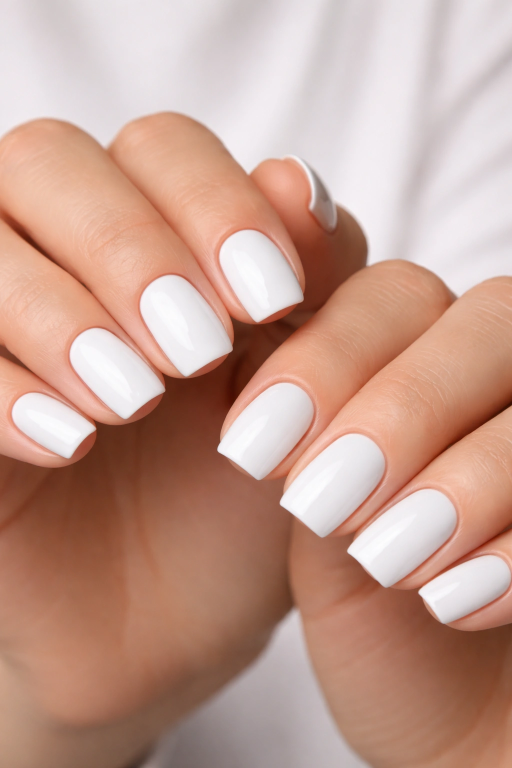 Close-up of curved-tip white nails on rounded-square shape