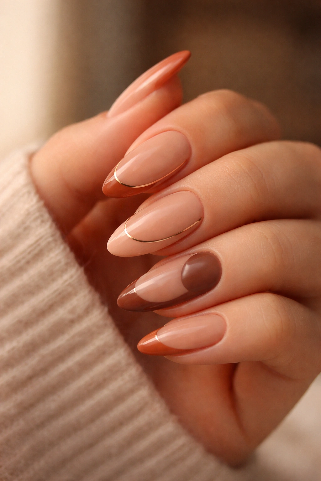 Close-up of almond nails showing copper outline, matte finish, negative space, darker ring finger, and jelly nude base.