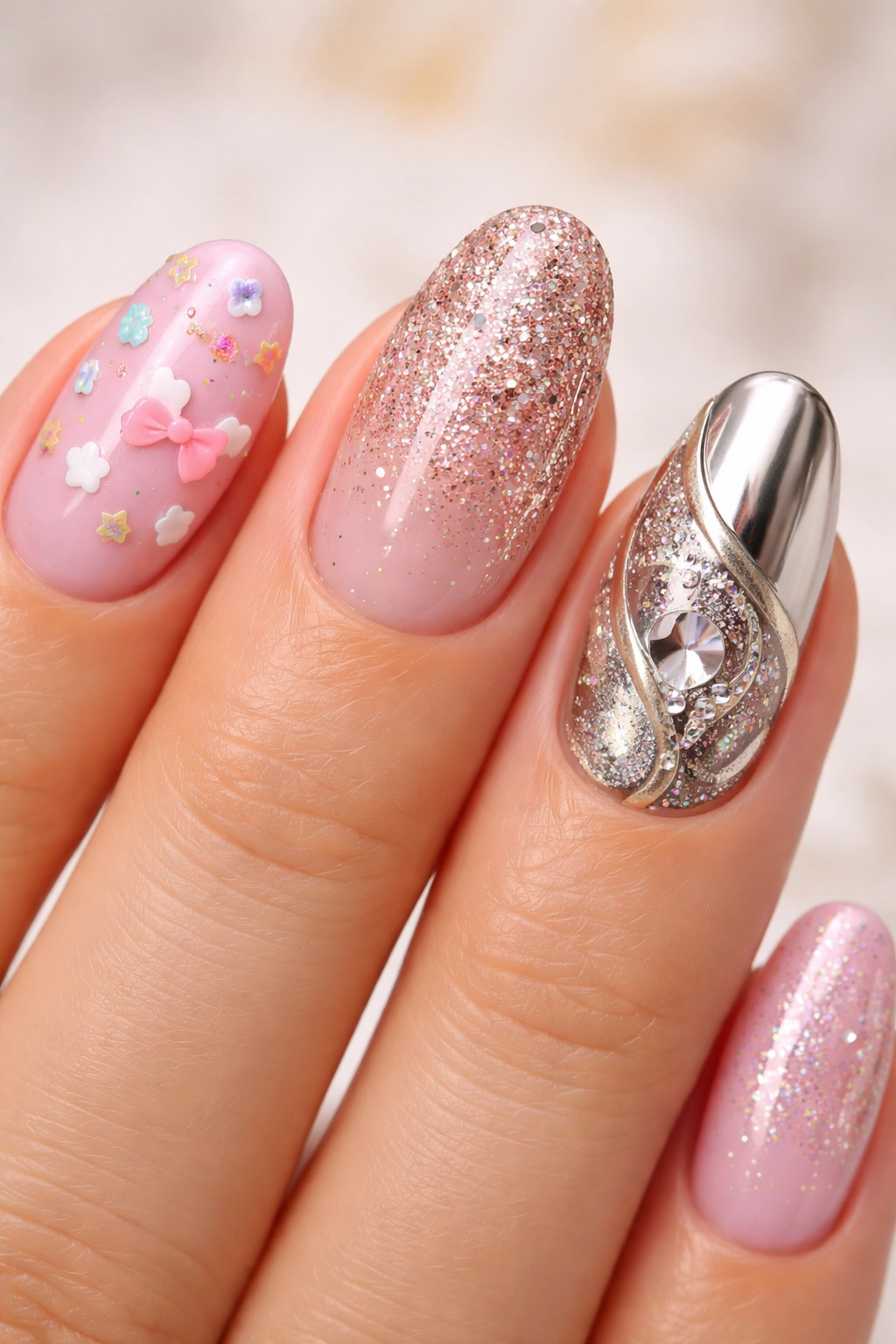 Close-up of three nails showing cute pastel, glam glitter, and bold metallic styles