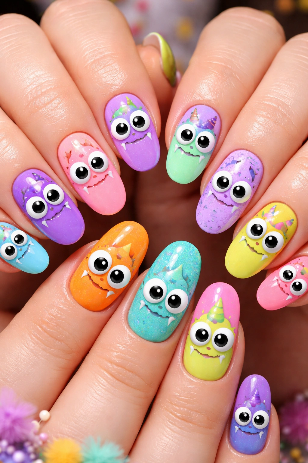 Pastel and neon monster nail art on both hands
