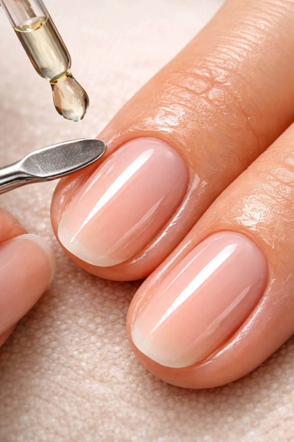 Close-up of pushed-back cuticle and smooth nail bed for lasting gel polish