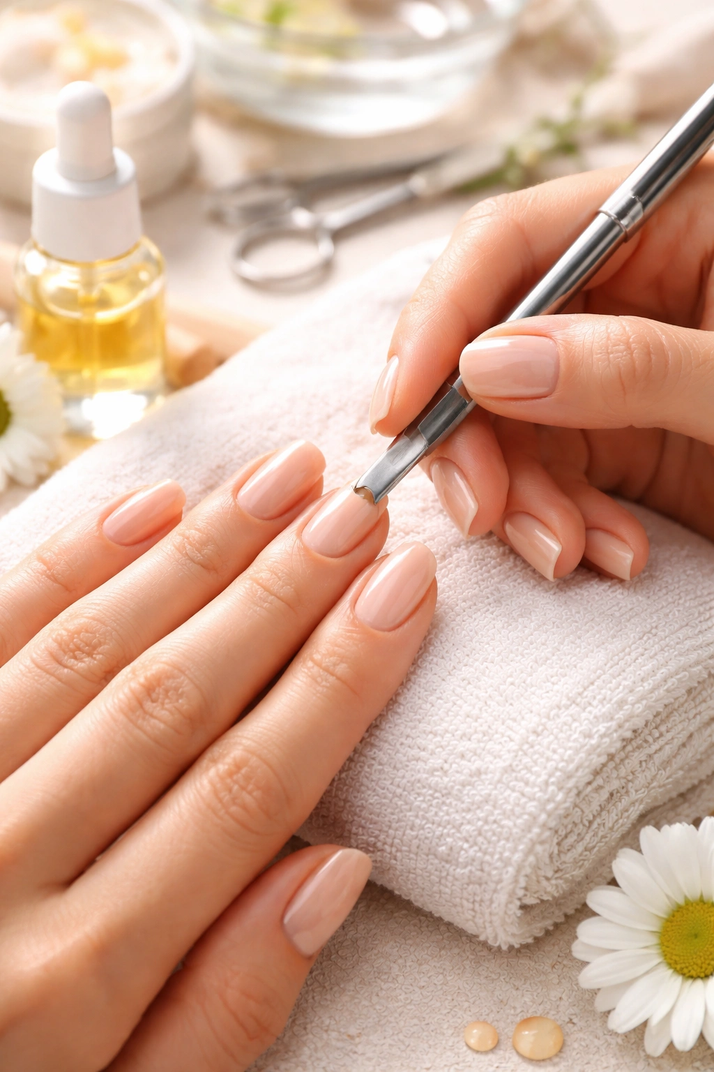 Hands gently pushing back cuticles with a cuticle pusher during care.