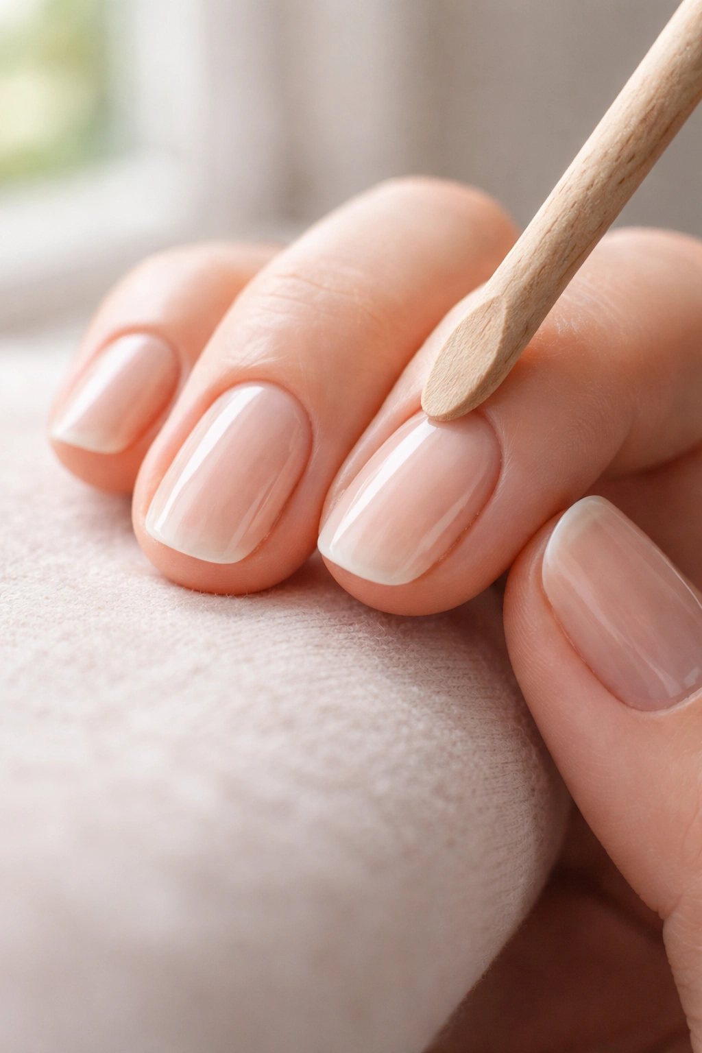 Close-up of a hand with gently pushed-back cuticles using a wooden cuticle pusher