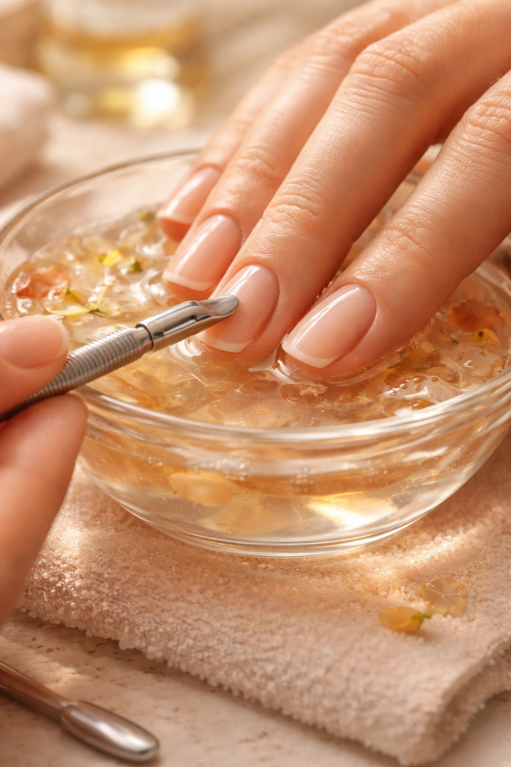 Hands soaking in warm water before pushing back cuticles.