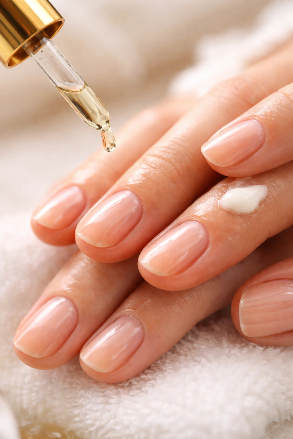 Hydrated cuticles with glossy appearance on a clean nail base