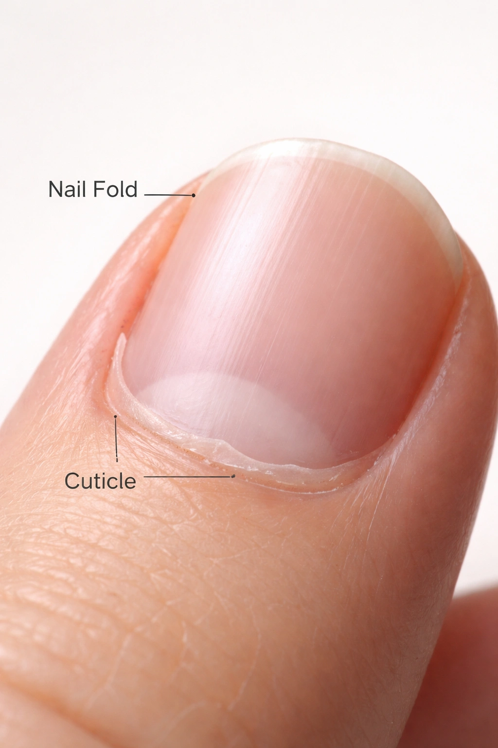 Close-up of nail base showing cuticle versus nail fold boundary