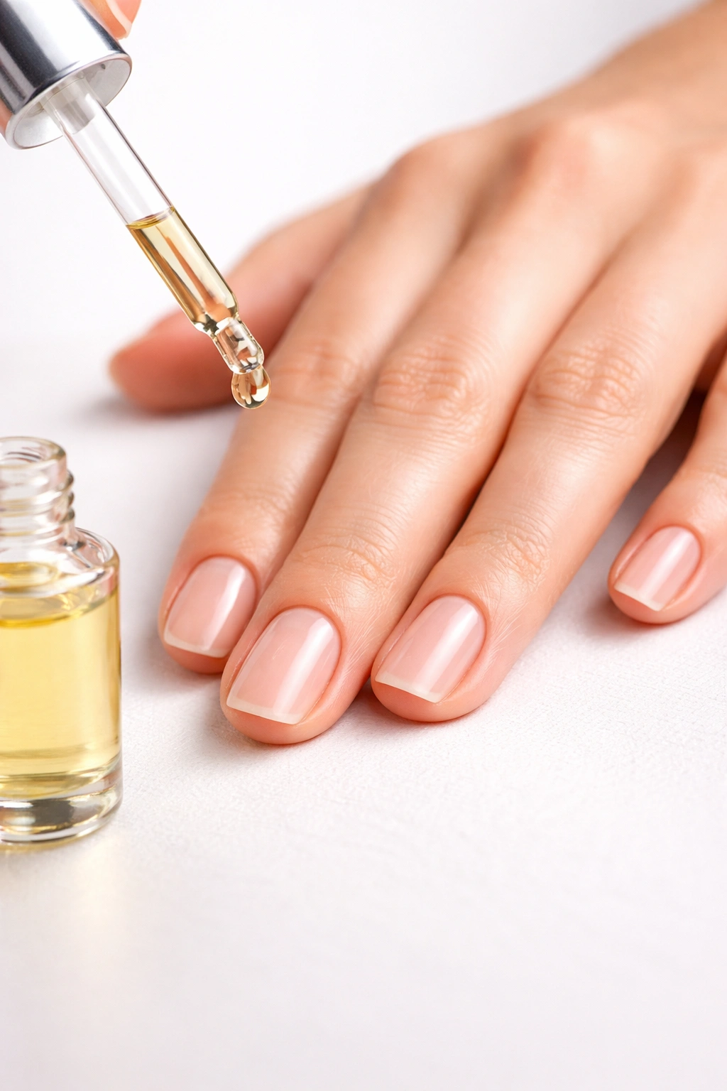 Cuticle oil bottle with droplet at the dropper