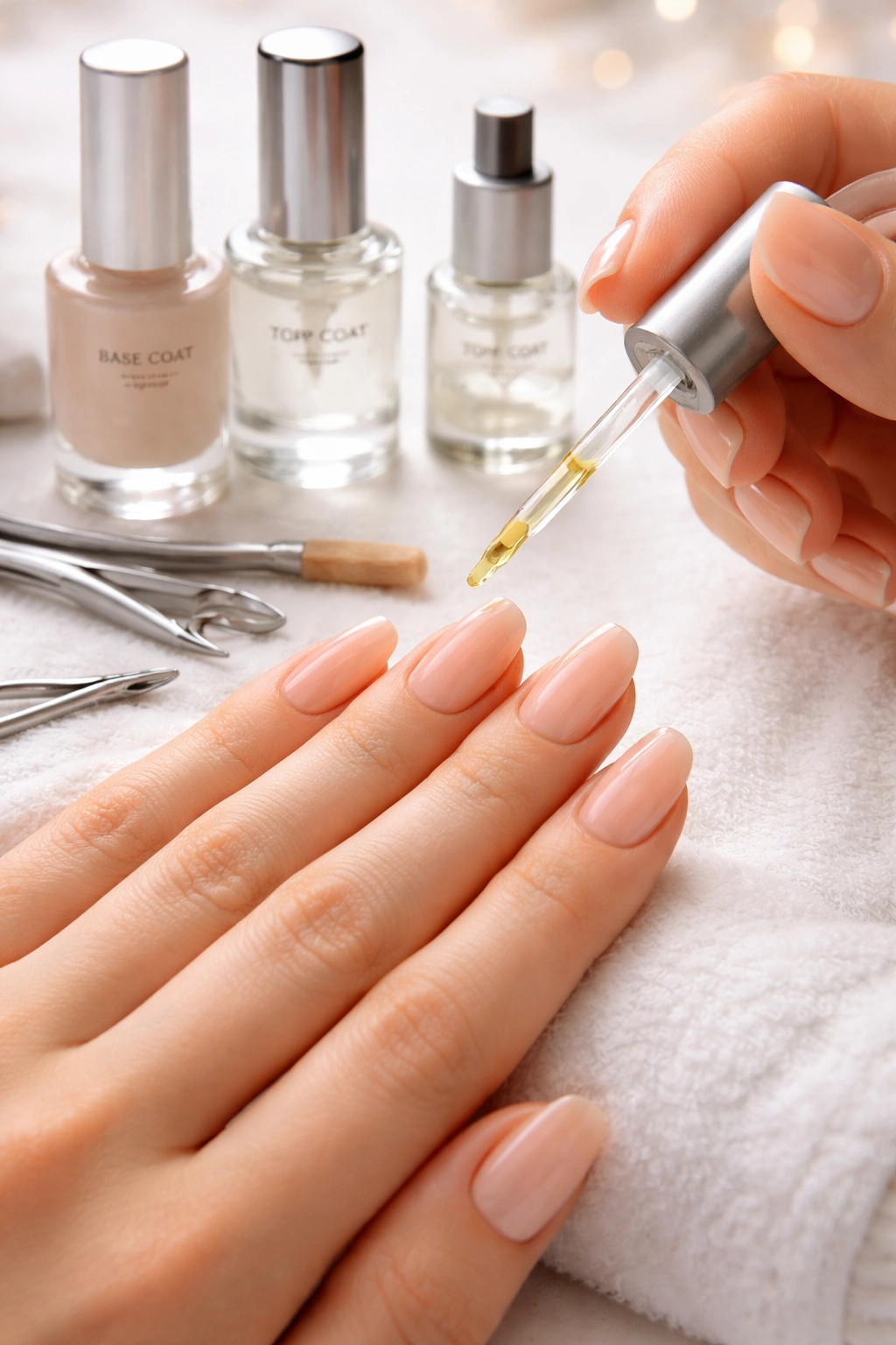 Hands applying cuticle oil with basecoat and topcoat visible