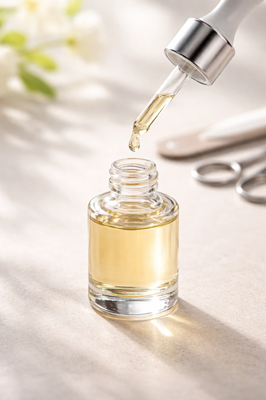 Close-up of a cuticle oil bottle on a neutral surface