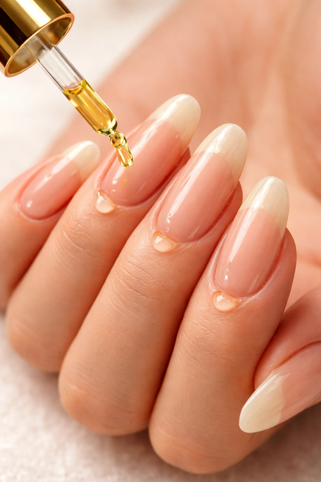 Hand with droplets of cuticle oil on cuticles and nails