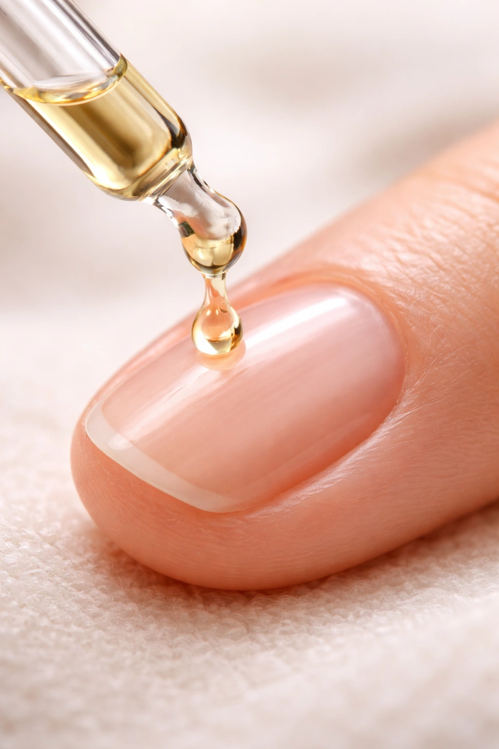 Fingertip with a precise drop of cuticle oil at the cuticle