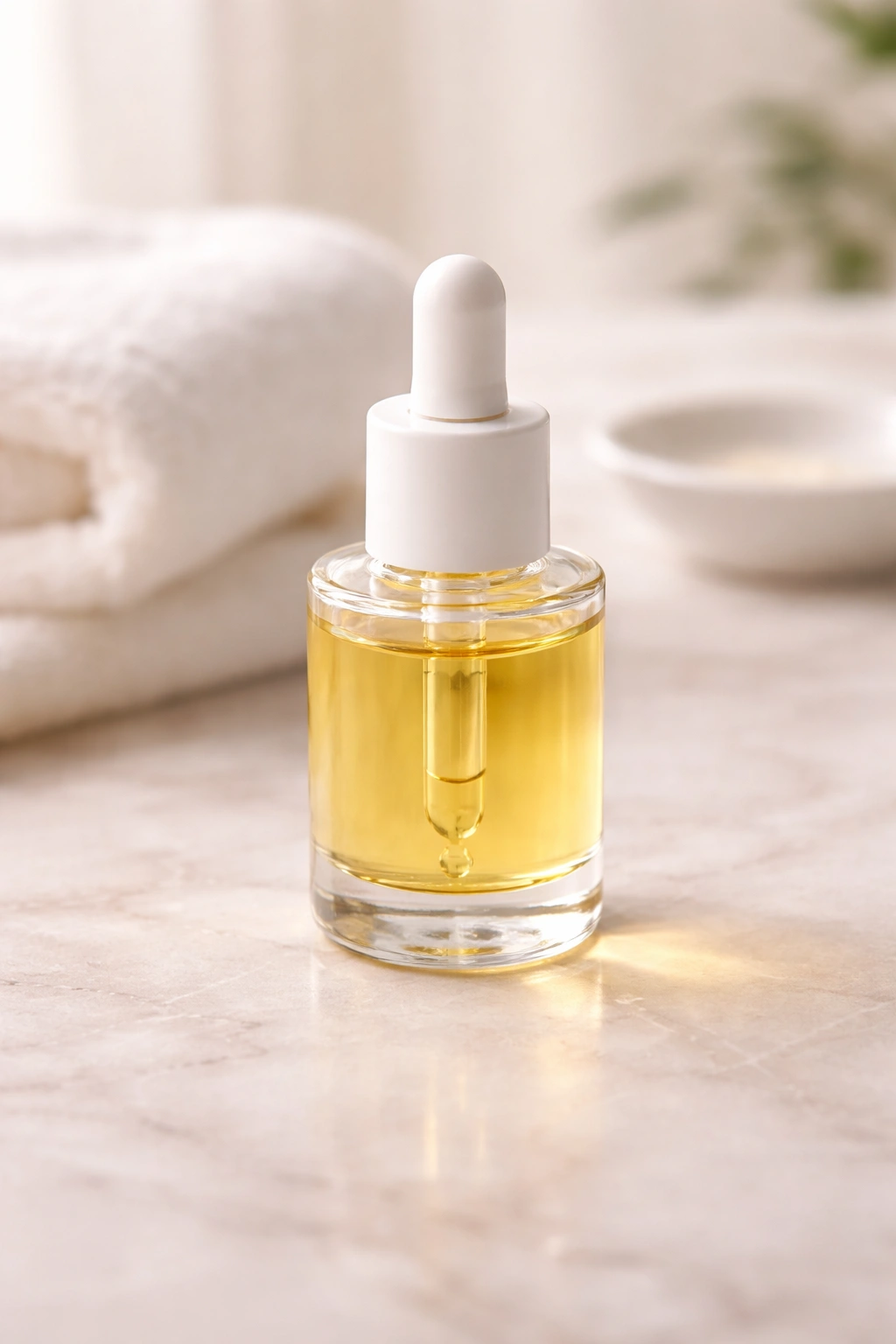 Minimalist cuticle oil bottle in soft lighting