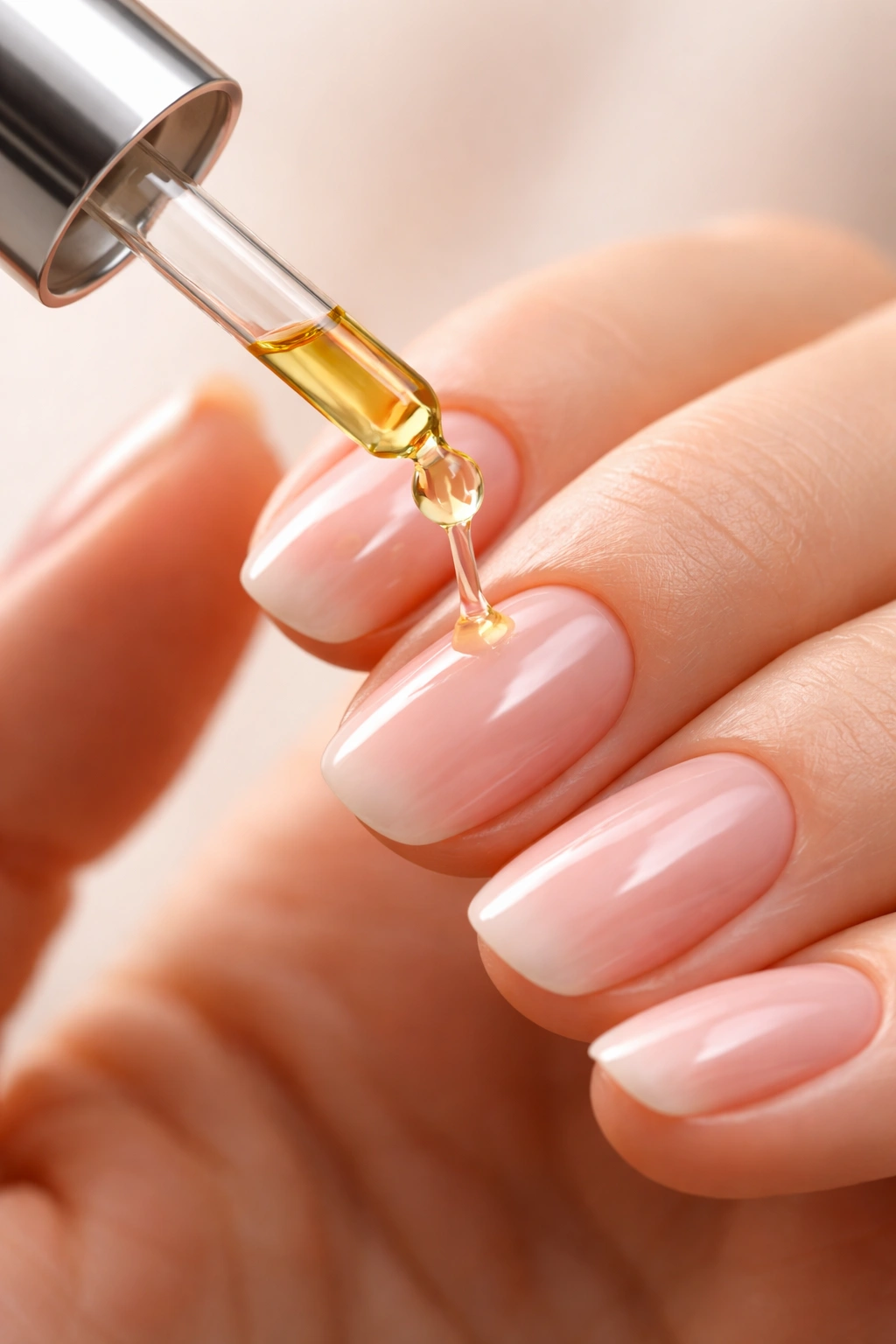 Hand applying cuticle oil to gel nails focusing on cuticles