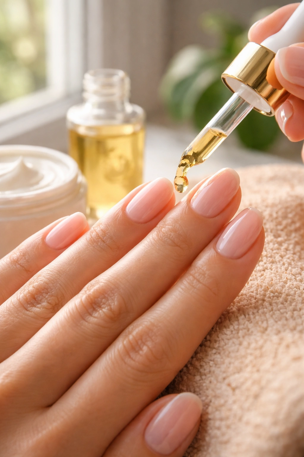 Hands applying cuticle oil to nails for hydration