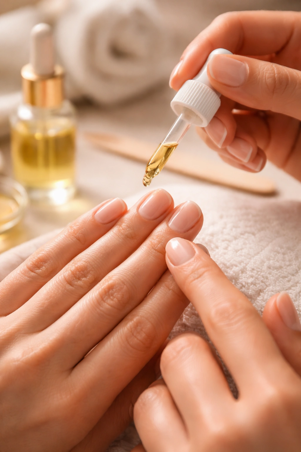 Hands applying cuticle oil and massaging cuticles