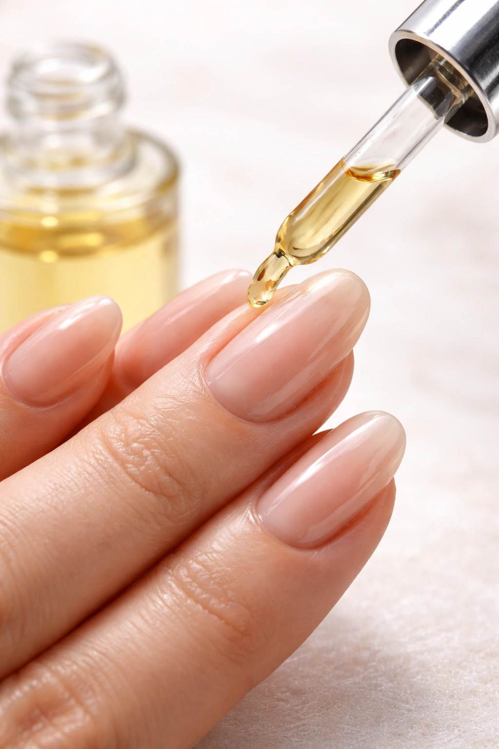 Hand applying cuticle oil to the edge of nails