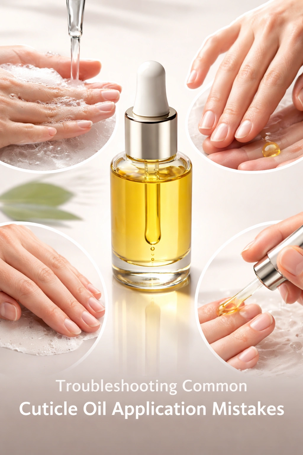Cuticle oil bottle reflected on glossy surface