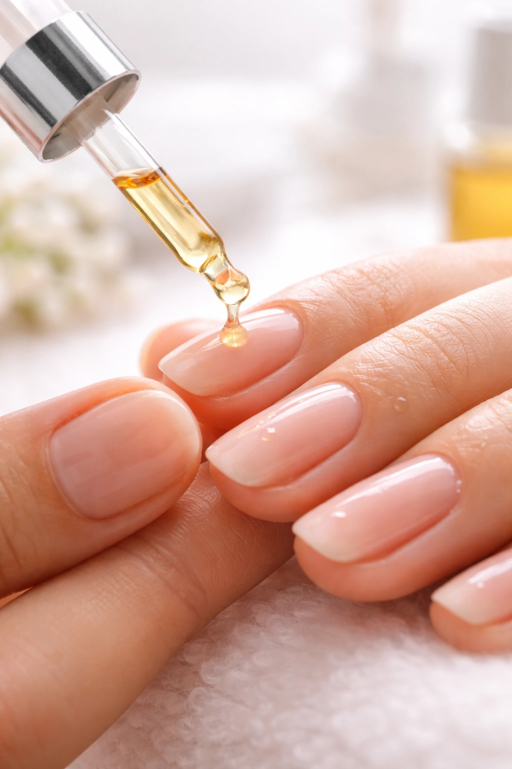 Hand applying cuticle oil to cuticles with visible oil droplets