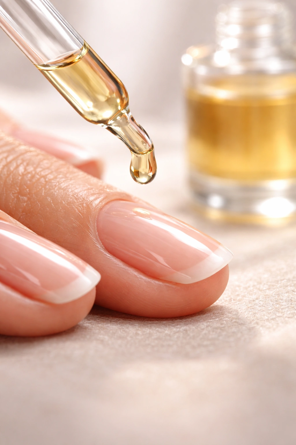 Close-up of cuticle oil drop on nail cuticle with bottle in background