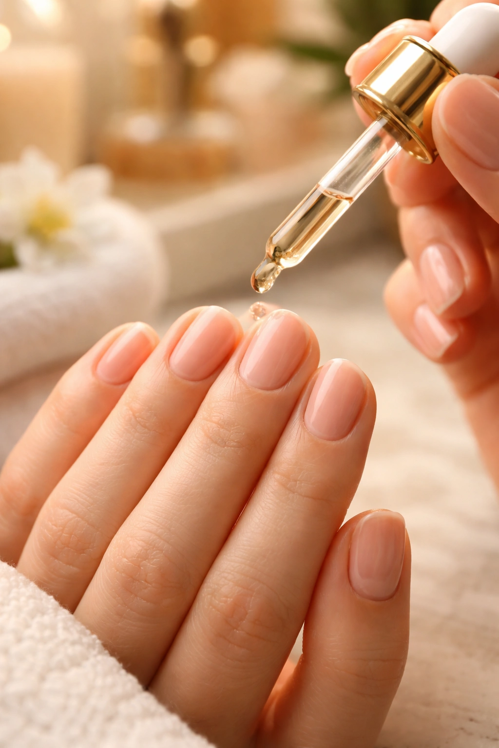 Close-up of cuticle oil being applied to neatly groomed nails on small nail beds