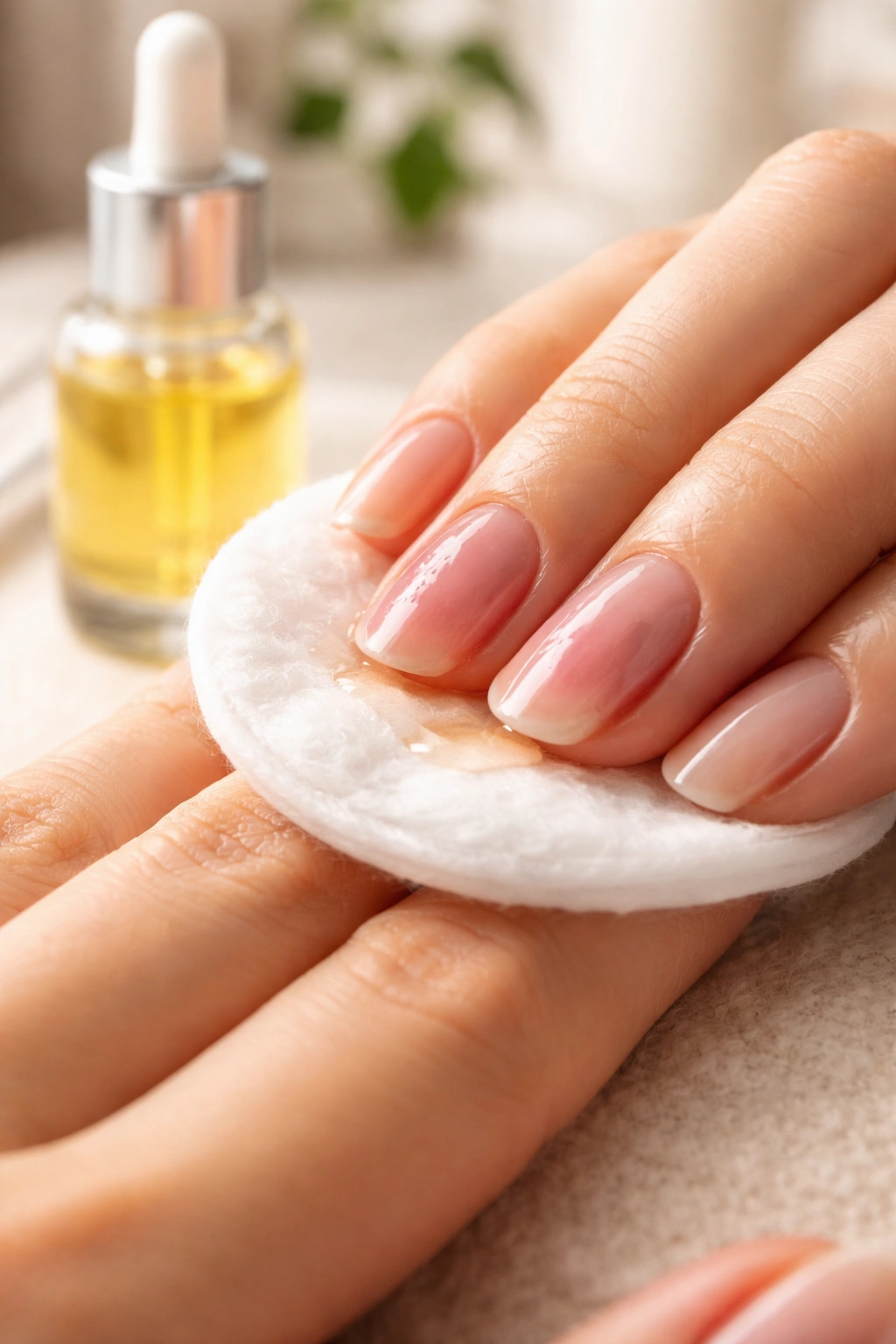Close-up of nails with cuticle oil applied using a saturated cotton pad